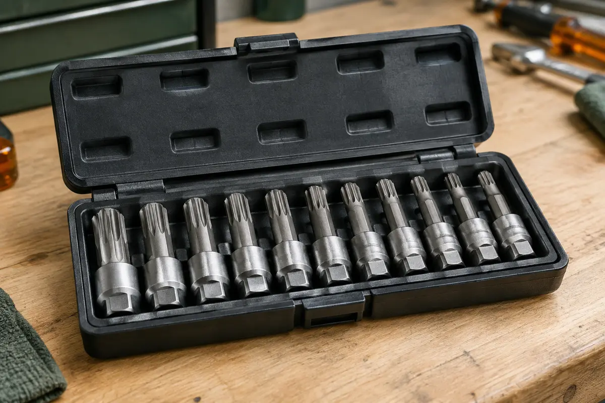 Coffret noir ouvert avec des embouts de vissage XZN en acier rangés sur un établi en bois clair