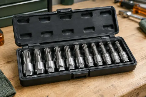 Coffret noir ouvert avec des embouts de vissage XZN en acier rangés sur un établi en bois clair