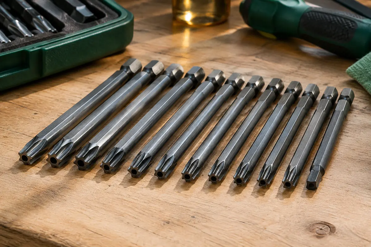 Onze embouts Torx longs en acier disposés côte à côte sur un établi en bois clair