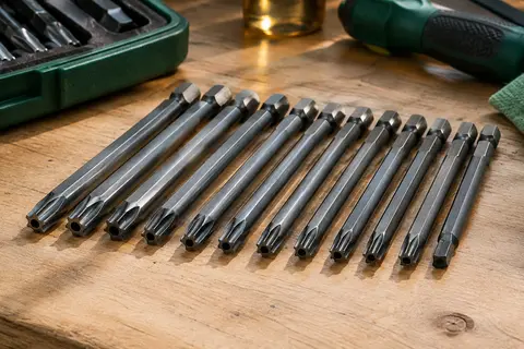 Onze embouts Torx longs en acier disposés côte à côte sur un établi en bois clair