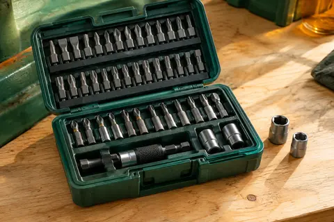 Coffret Kwb ouvert avec embouts à impact en acier, porte-embout rapide et douilles rangés sur un établi