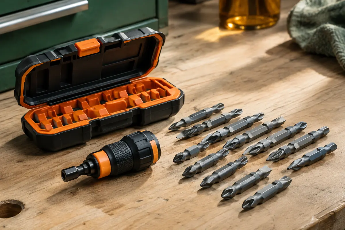 Kit d’embouts orange et noir avec porte-embout amovible et embouts double extrémité sur un établi