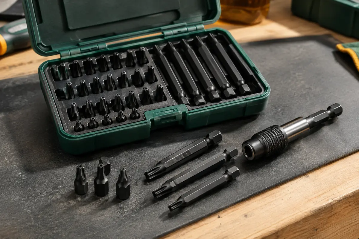 Coffret ouvert d’embouts Torx de sécurité noirs avec porte-embout magnétique sur un établi