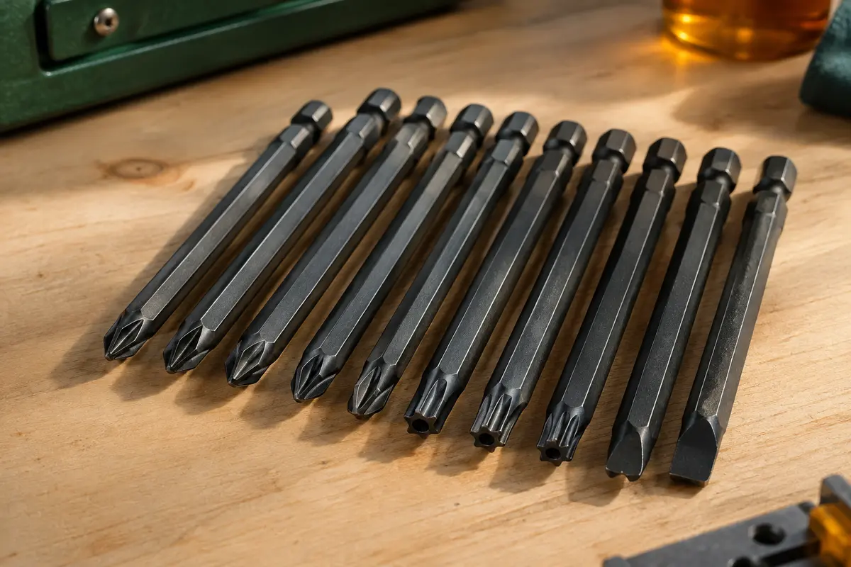 Dix embouts longs noirs à tige hexagonale, avec empreintes cruciformes, Torx et à fente