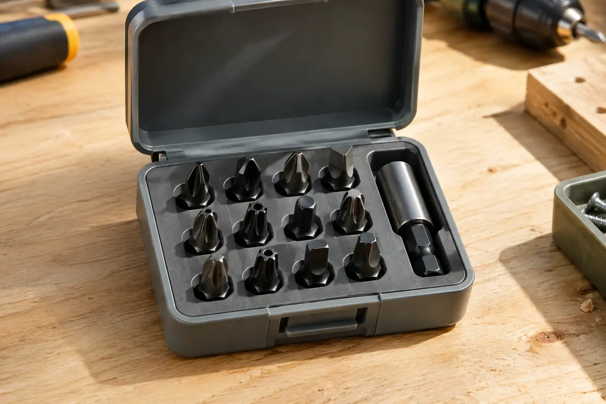 Support compact gris ouvert avec neuf embouts noirs et porte-embout magnétique sur un établi