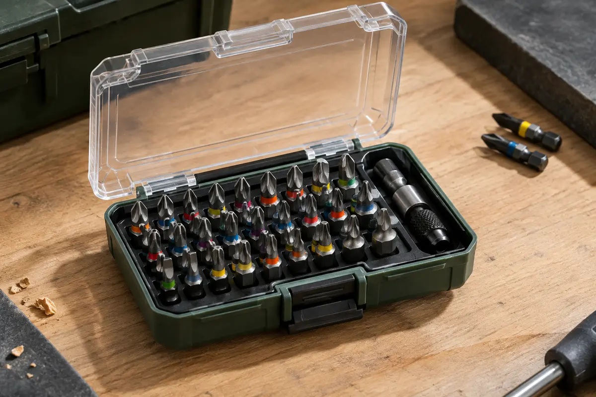 Coffret ouvert de 31 embouts Makita Impact Premier rangés dans un étui compact sur un établi