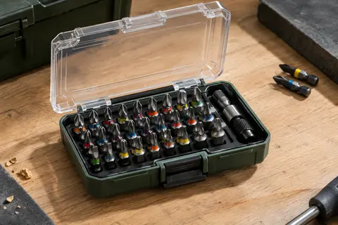 Coffret ouvert de 31 embouts Makita Impact Premier rangés dans un étui compact sur un établi