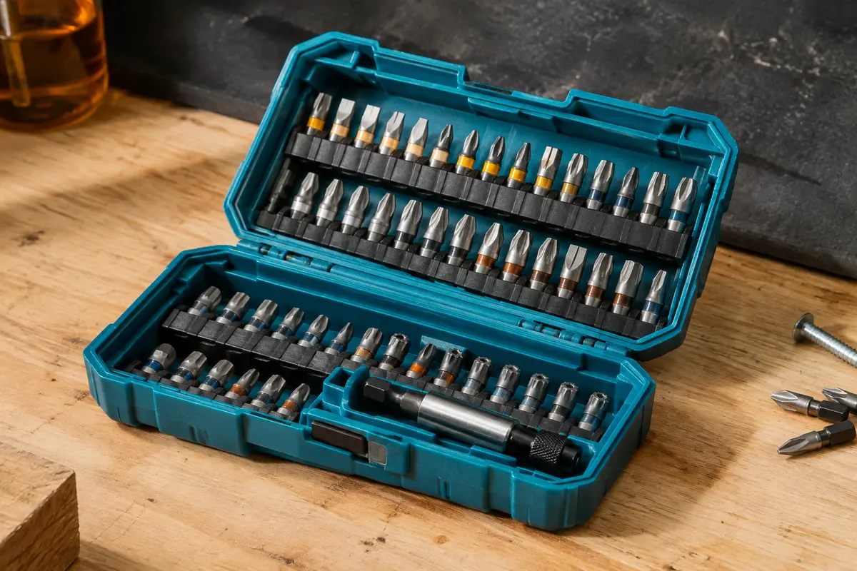 Coffret bleu ouvert avec 37 embouts métalliques et porte-embout magnétique sur un établi en bois clair