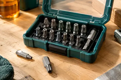 Coffret compact ouvert avec des embouts Torx métalliques de différentes tailles soigneusement rangés.