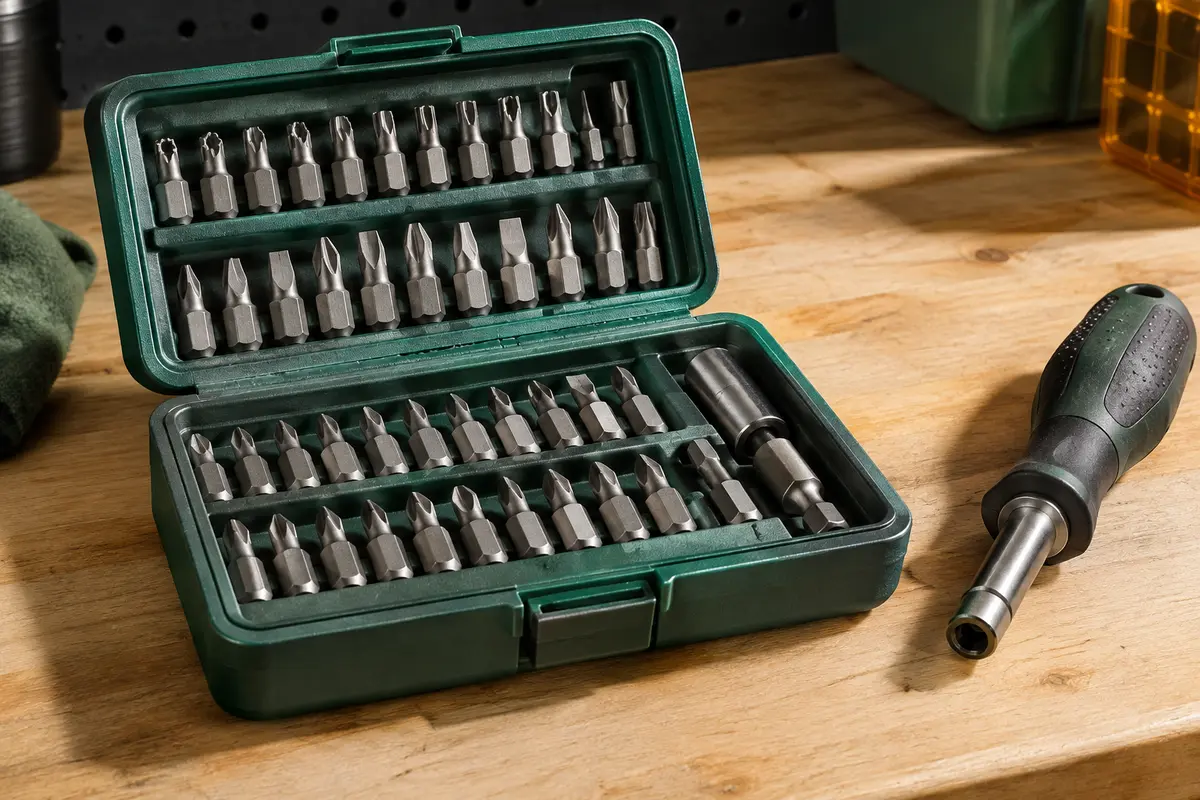 Coffret Mannesmann ouvert avec embouts de sécurité en acier et tournevis sur un établi