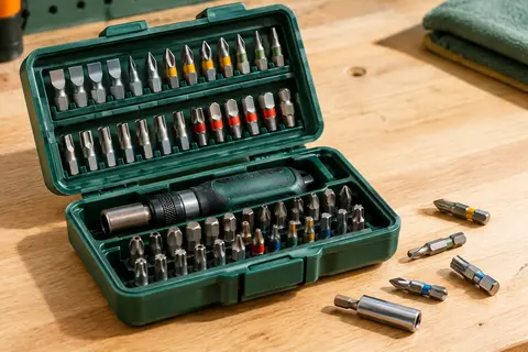 Coffret Mannesmann ouvert avec embouts de vissage aux profils variés sur un établi en bois clair
