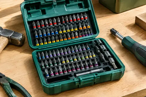 Coffret plastique ouvert Mannesmann avec un assortiment multicolore de 100 embouts de vissage