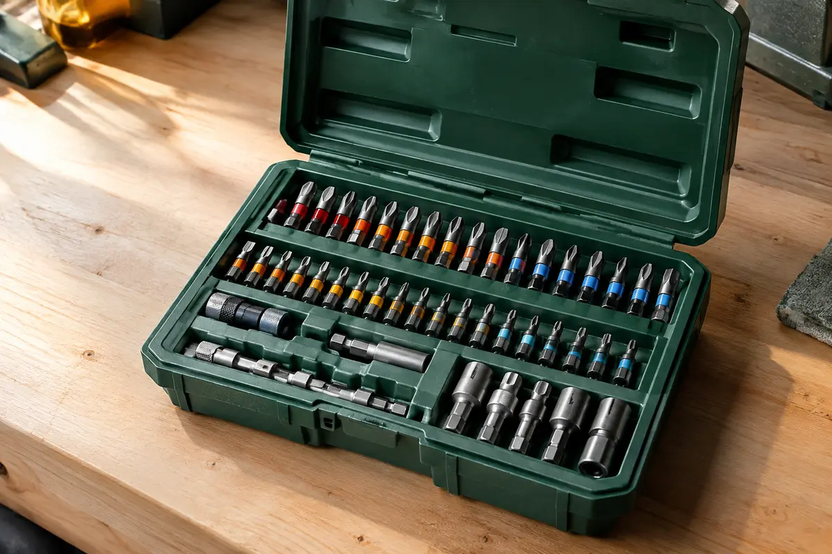 Coffret ouvert avec un assortiment d’embouts multicolores rangés sur un établi en bois clair.