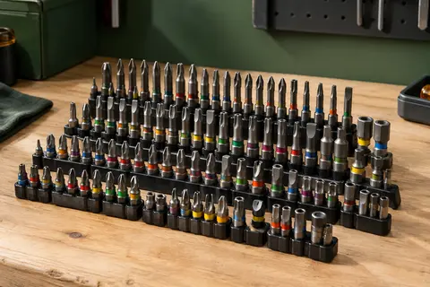 Assortiment de 113 embouts Mannesmann en acier S2 disposés sur un établi en bois clair