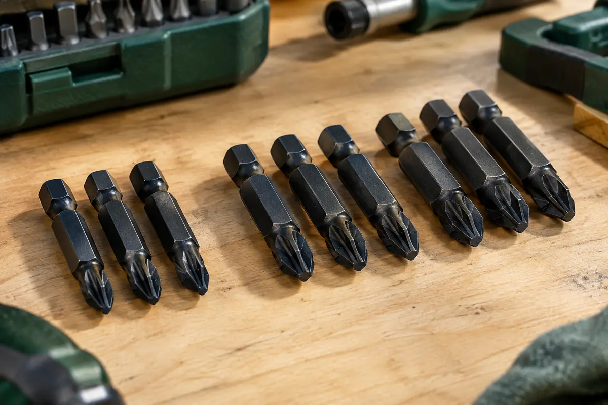 Dix embouts Pozidriv noirs de 50 mm, répartis en profils PZ1, PZ2 et PZ3 sur un établi en bois clair
