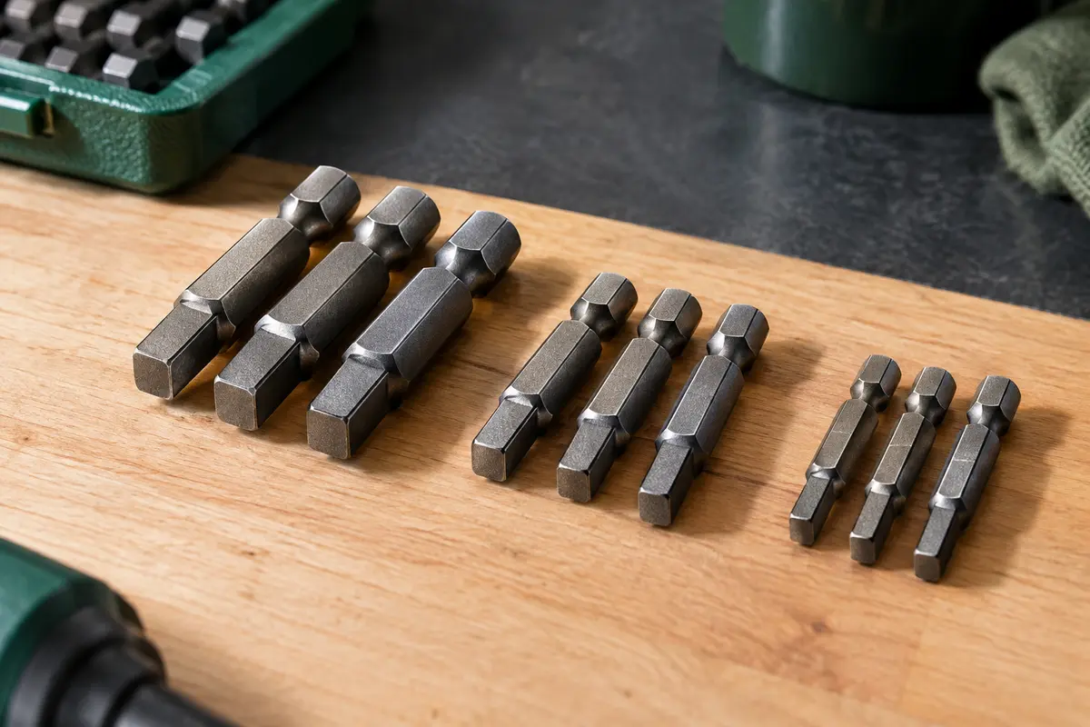 Neuf embouts carrés Mesee en acier, avec leurs tiges hexagonales disposées sur un établi en bois clair.