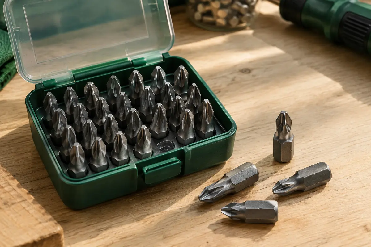 Coffret en plastique ouvert avec des embouts de vissage Pozidriv PZ2 rangés et disposés sur un établi en bois clair.