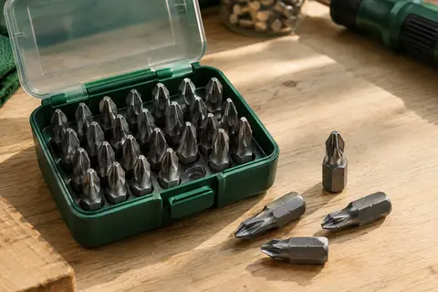 Coffret en plastique ouvert avec des embouts de vissage Pozidriv PZ2 rangés et disposés sur un établi en bois clair.