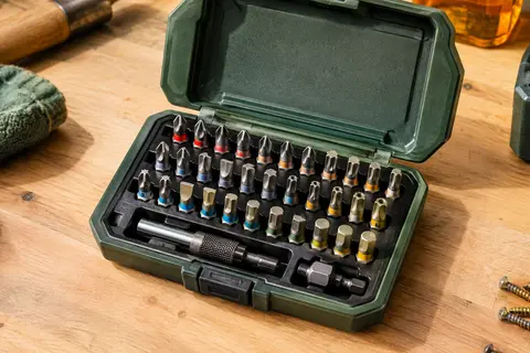 Coffret ouvert de 32 embouts Metabo rangés par profils, avec porte-embout magnétique et adaptateur