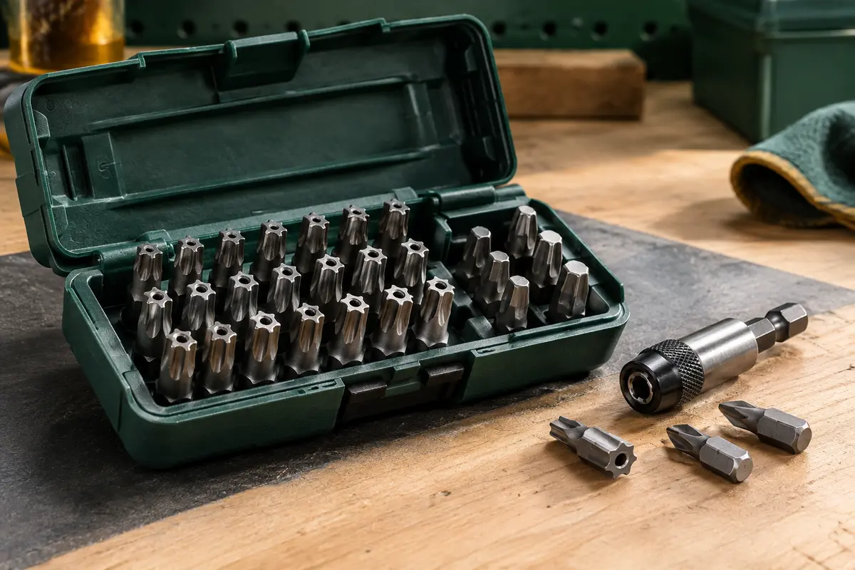 Coffret ouvert d’embouts Torx de sécurité en acier rangés sur un établi en bois clair