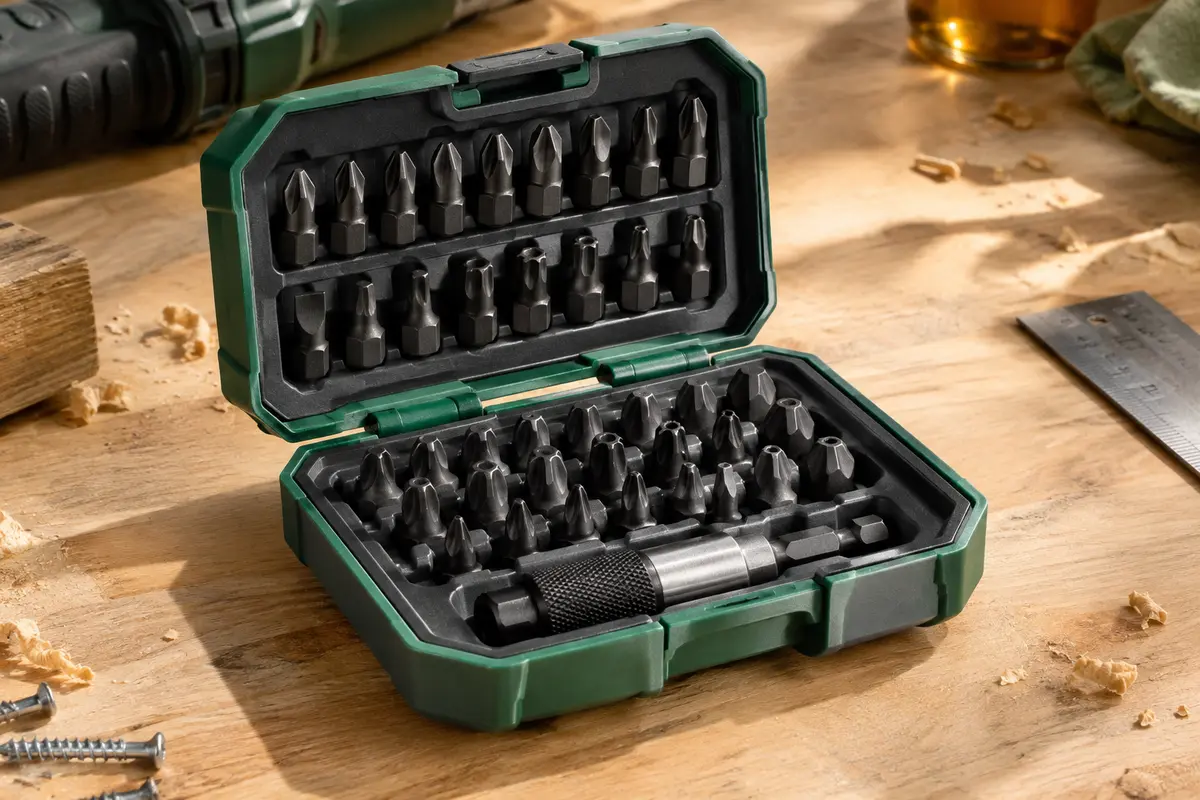 Coffret vert et anthracite ouvert avec ses embouts Impact noirs et son porte-embout rangés