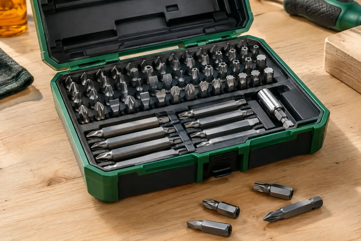 Coffret vert et anthracite ouvert avec embouts de vissage courts et longs rangés sur un établi en bois clair