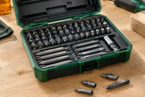 Coffret vert et anthracite ouvert avec embouts de vissage courts et longs rangés sur un établi en bois clair