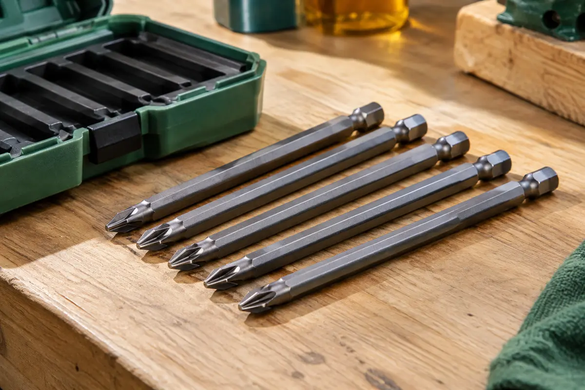 Cinq embouts de vissage PZ2 en acier avec leur pochette de rangement, présentés sur un établi en bois clair
