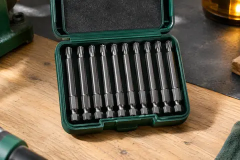 Dix embouts de vissage TX20 en acier de 50 mm rangés dans leur coffret ouvert sur un établi.