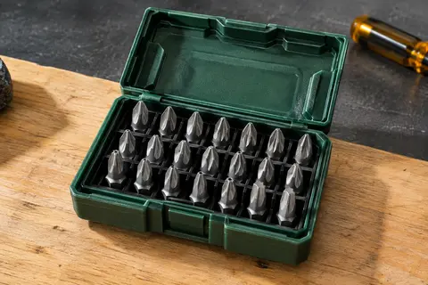 Coffret ouvert de 20 embouts à impact PH2, PZ2 et PZ3 en acier, rangés sur un établi en bois clair.