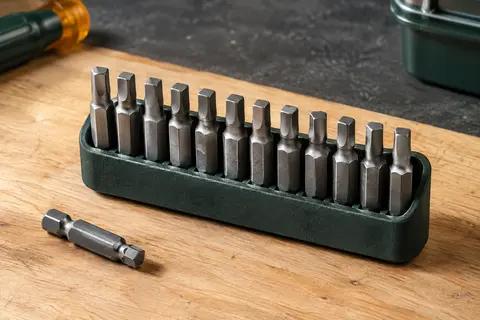 Douze embouts carrés magnétiques en acier rangés dans leur support en caoutchouc sur un établi