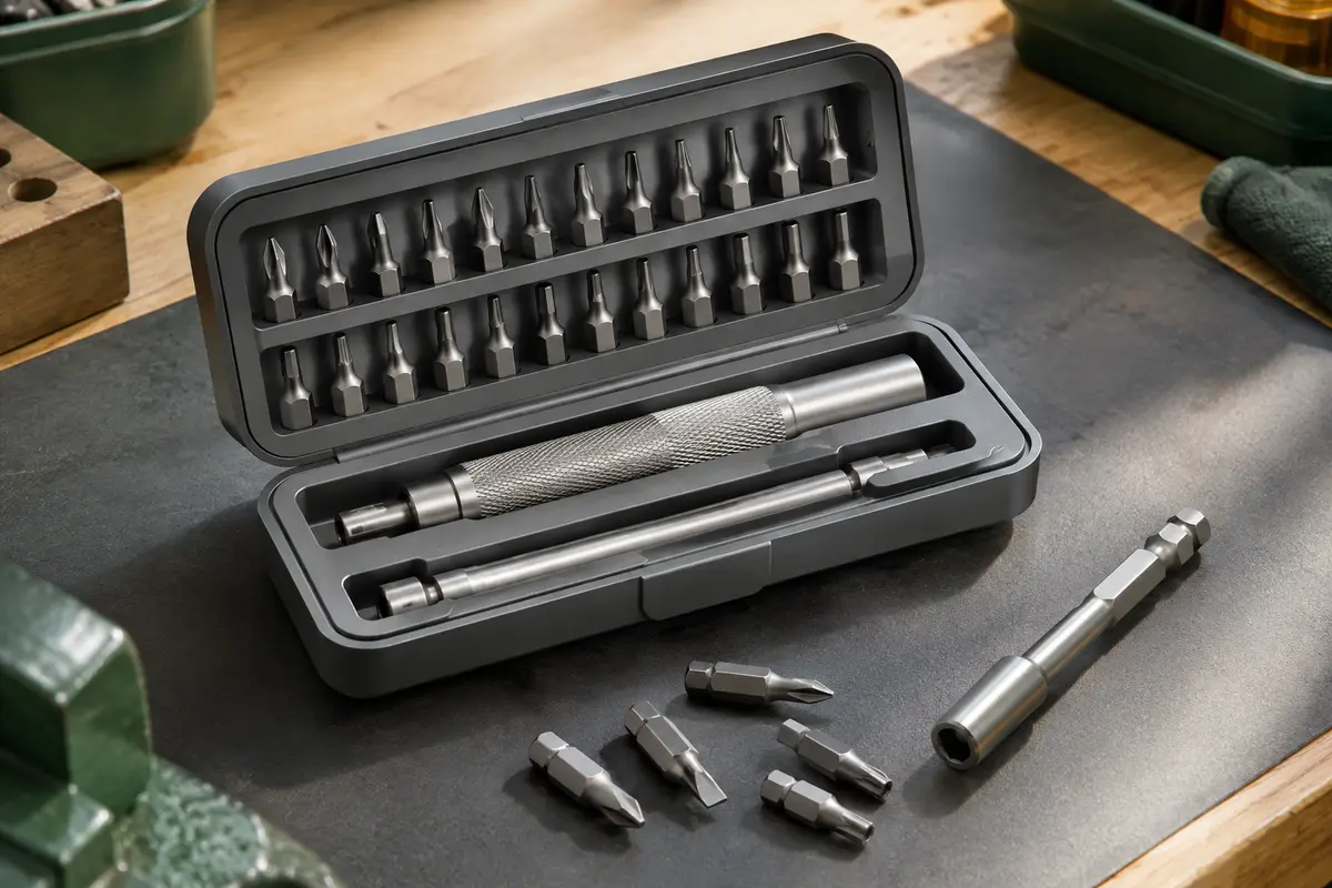 Coffret Tivoly gris ouvert avec embouts de précision, tournevis métallique et rallonge sur un établi