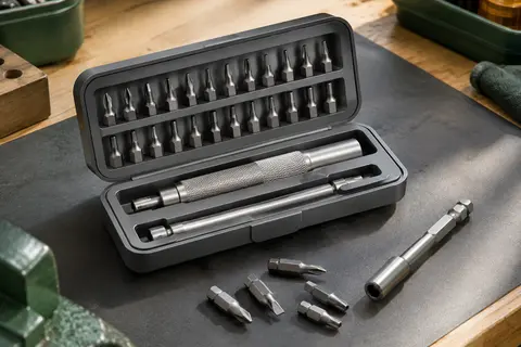 Coffret Tivoly gris ouvert avec embouts de précision, tournevis métallique et rallonge sur un établi