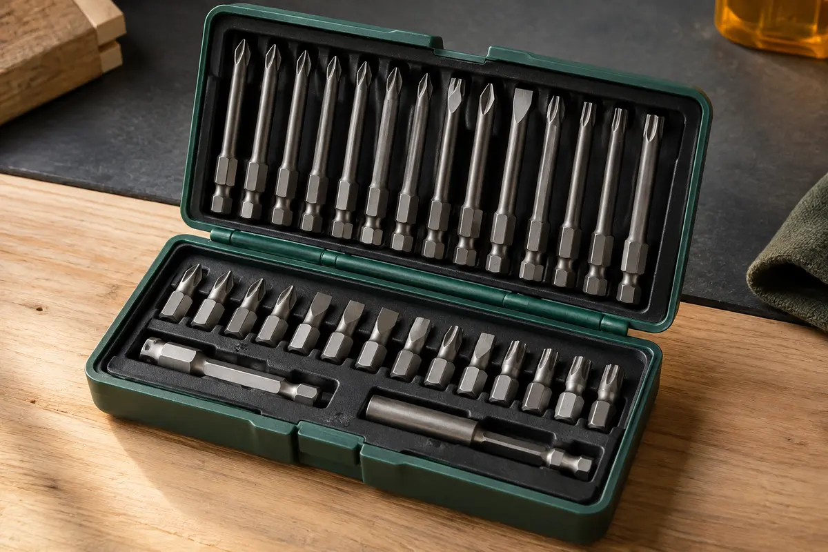 Coffret ouvert d’embouts Tivoly de longueurs courte et longue, rangés sur un établi en bois clair.