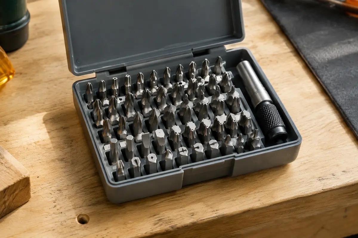 Coffret gris ouvert avec embouts de sécurité métalliques rangés et porte-embout magnétique.