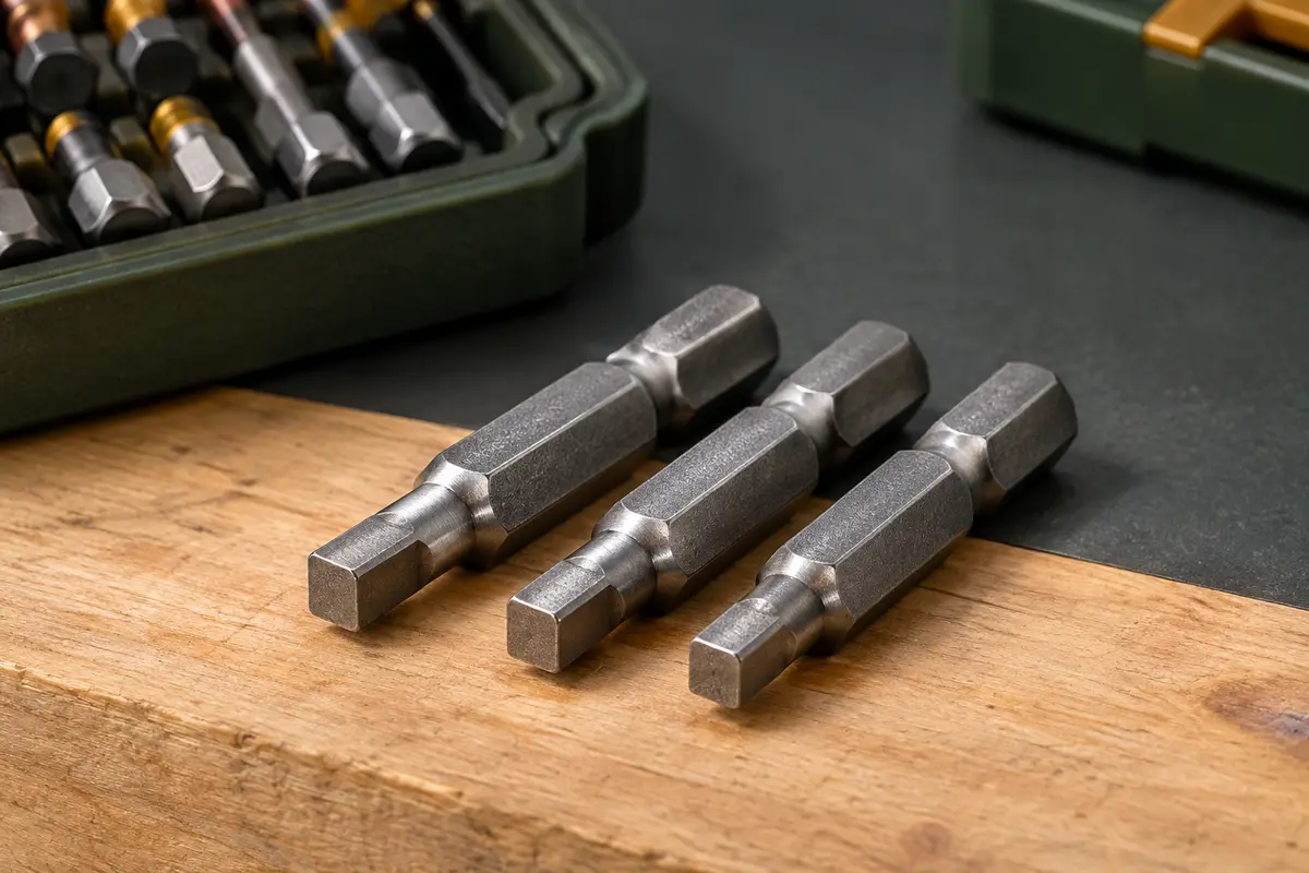 Trois embouts Robertson carrés en métal argenté, avec pointes de tailles différentes, rangés sur un établi.