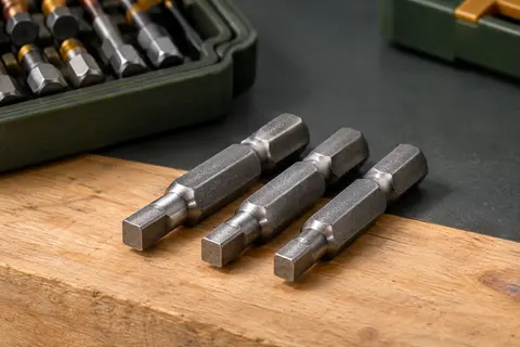 Trois embouts Robertson carrés en métal argenté, avec pointes de tailles différentes, rangés sur un établi.