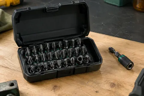 Coffret noir ouvert avec embouts Impaktor en acier et porte-embouts magnétique sur un établi en bois