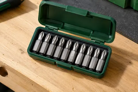 Coffret ouvert avec dix embouts Phillips PH 2 argentés de 25 mm rangés sur un établi en bois clair.