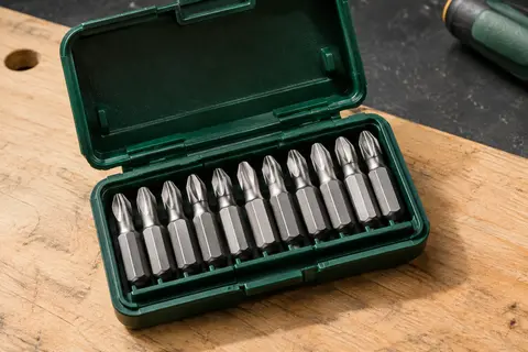 Coffret ouvert avec dix embouts métalliques argentés Pozidriv PZ 2 de 25 mm
