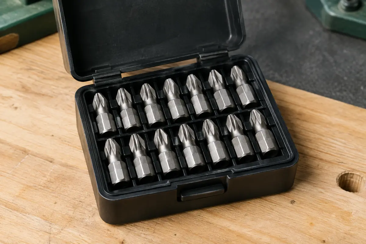 Coffret noir ouvert avec vingt embouts Pozidriv PZ 2 en acier rangés sur un établi en bois clair