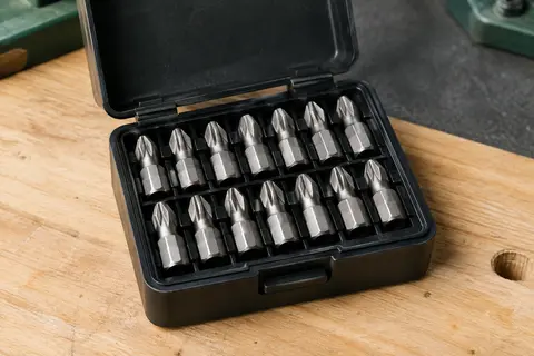 Coffret noir ouvert avec vingt embouts Pozidriv PZ 2 en acier rangés sur un établi en bois clair