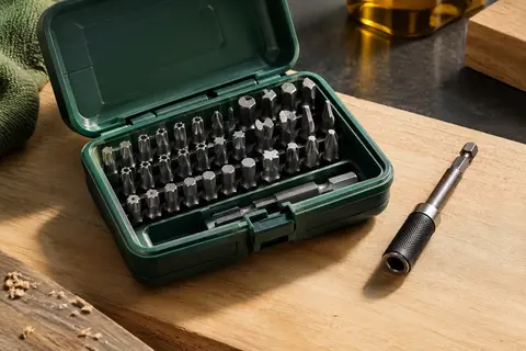 Coffret ouvert d’embouts de sécurité en acier avec porte-embout magnétique sur un établi