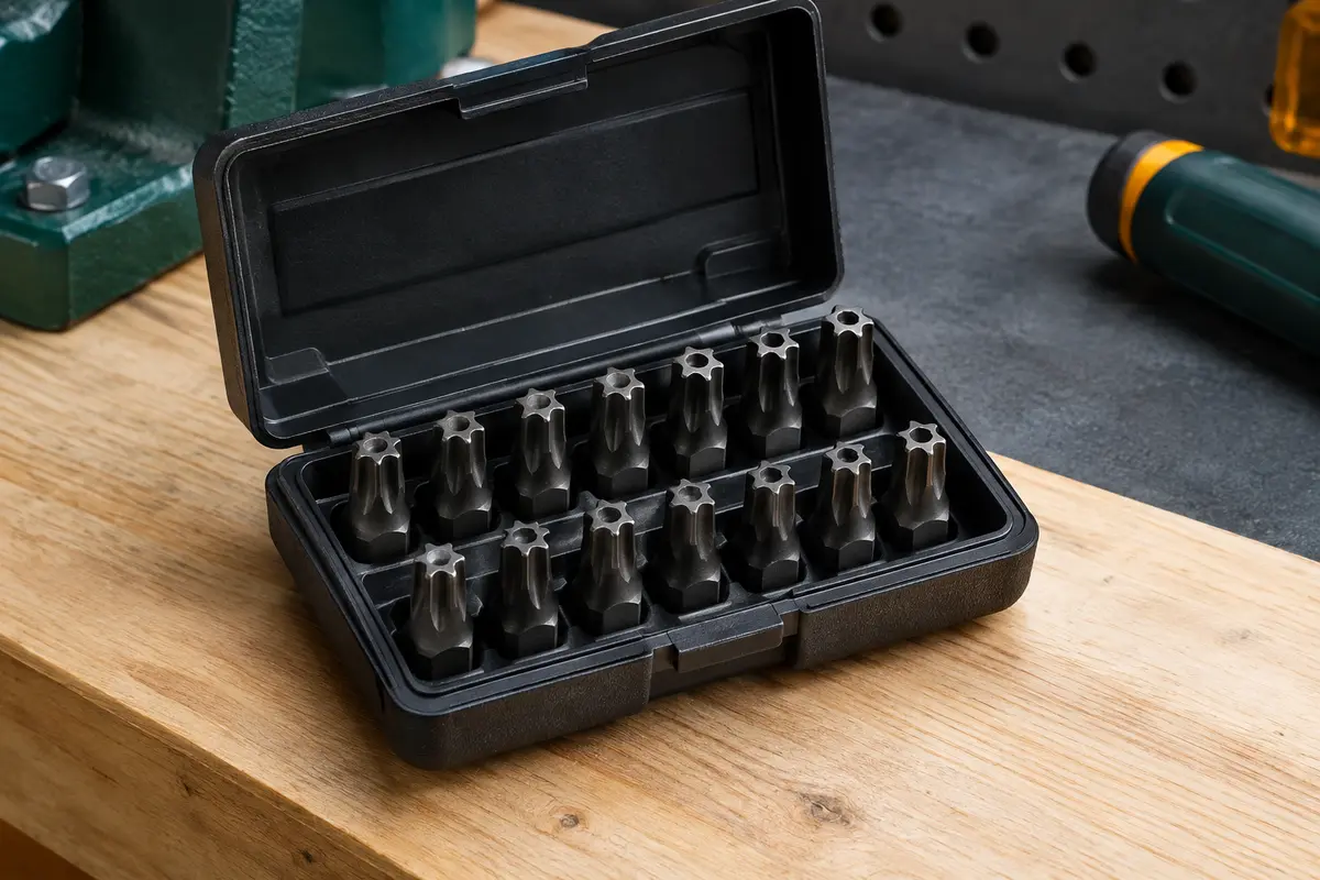 Coffret ouvert Workpro avec embouts Torx noirs en acier et boîte compacte posée sur un établi en bois.