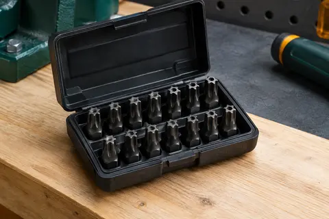 Coffret ouvert Workpro avec embouts Torx noirs en acier et boîte compacte posée sur un établi en bois.