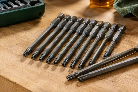 Onze embouts Torx longs en acier alignés sur un établi en bois clair, avec leurs pointes magnétiques visibles