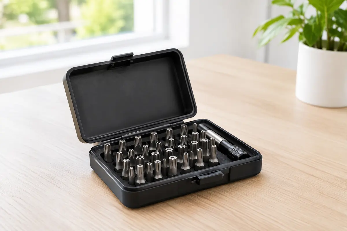 Huit embouts Torx de sécurité à cinq branches avec alésage, alignés sur un établi en bois clair.