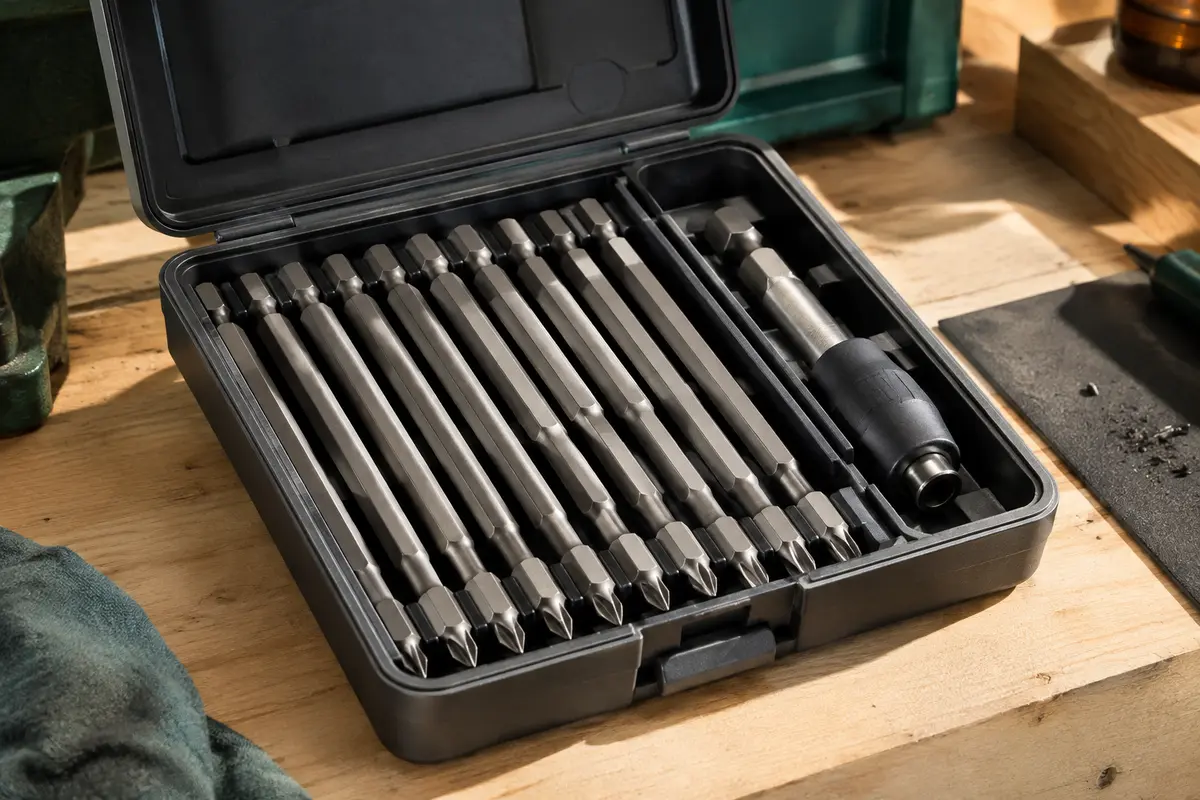 Embouts longs en acier et porte-embout en silicone rangés dans un coffret ouvert sur un établi