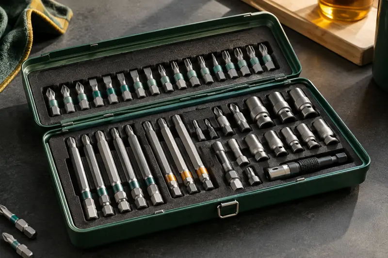 Embouts rangés dans un coffret ouvert, avec leurs formes et leurs empreintes visibles sur une surface mate.
