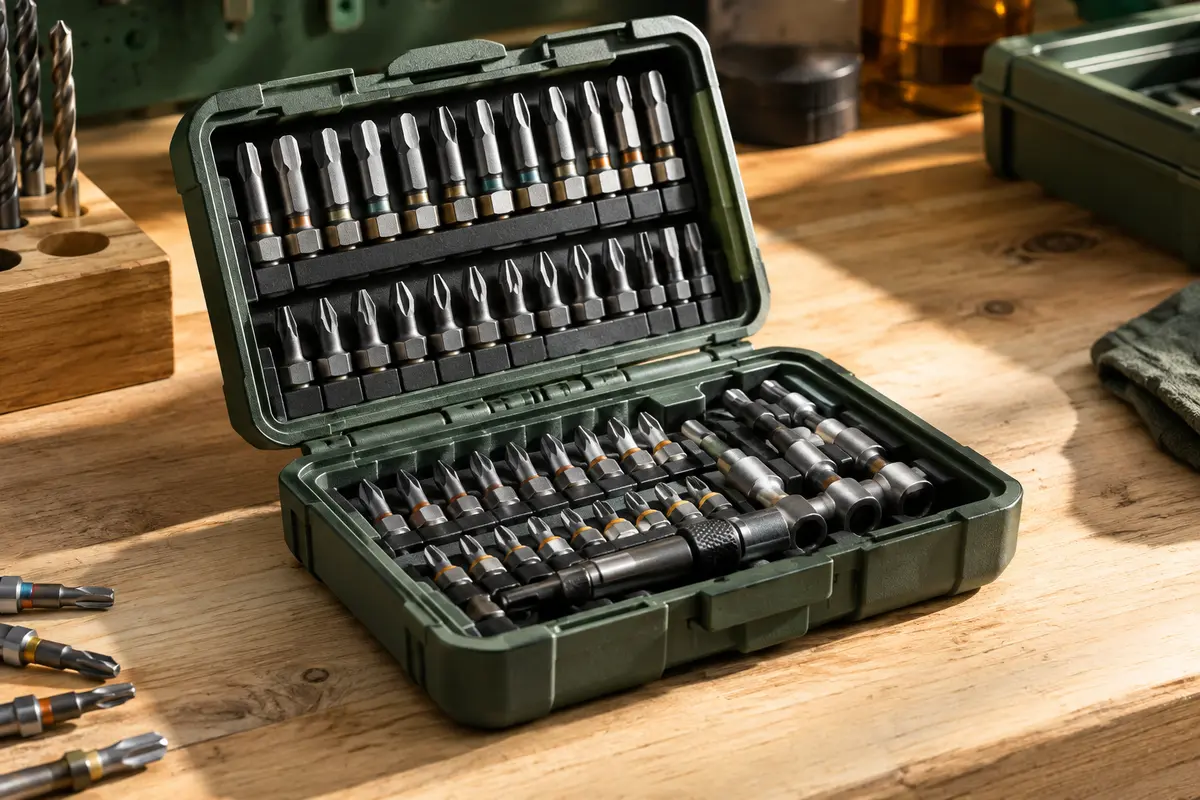 Coffret ouvert d’embouts de vissage triés par empreinte sur un établi clair, sous une lumière latérale douce.